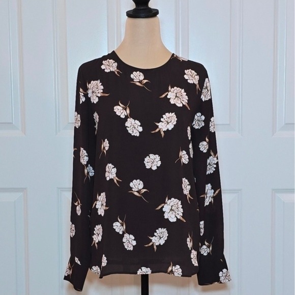 Ann Taylor Factory Tops - Ann Taylor Factory Chocolate Brown Floral‎ Long Sleeve Blouse Keyhole Back Small